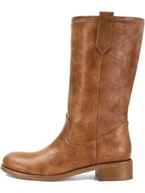 Women's Mid Calf Chunky Block Heel Pull On Boots Round Toe Stylish Tan Boots